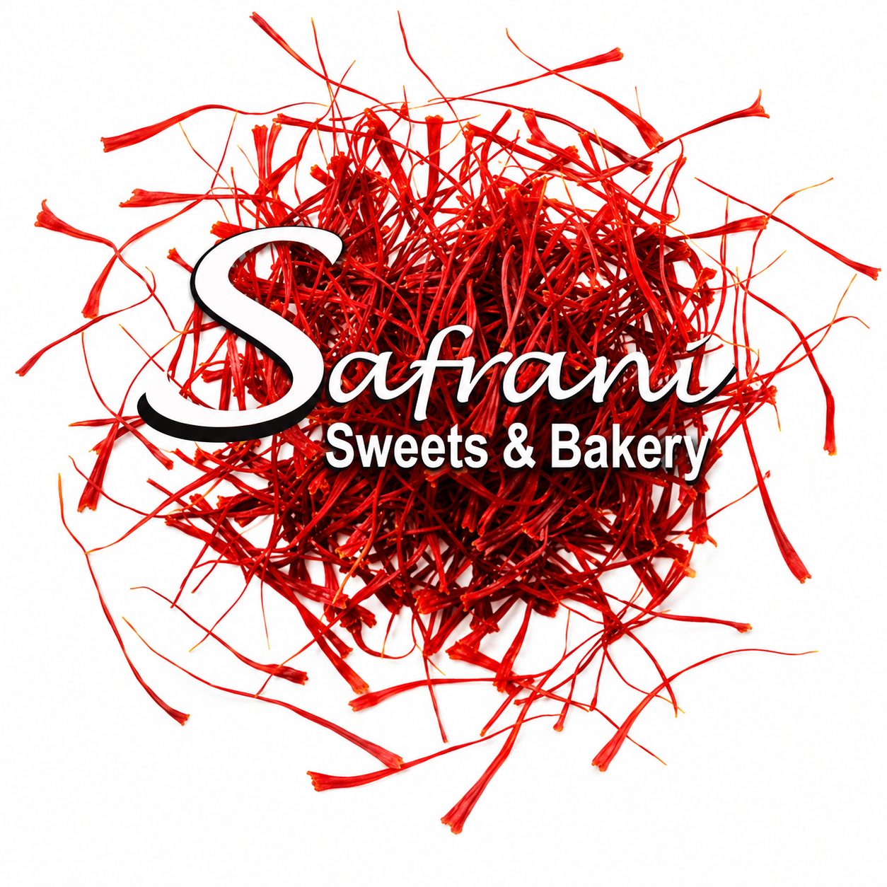 Safrani Sweets & Bakery logo on a bed of saffron threads